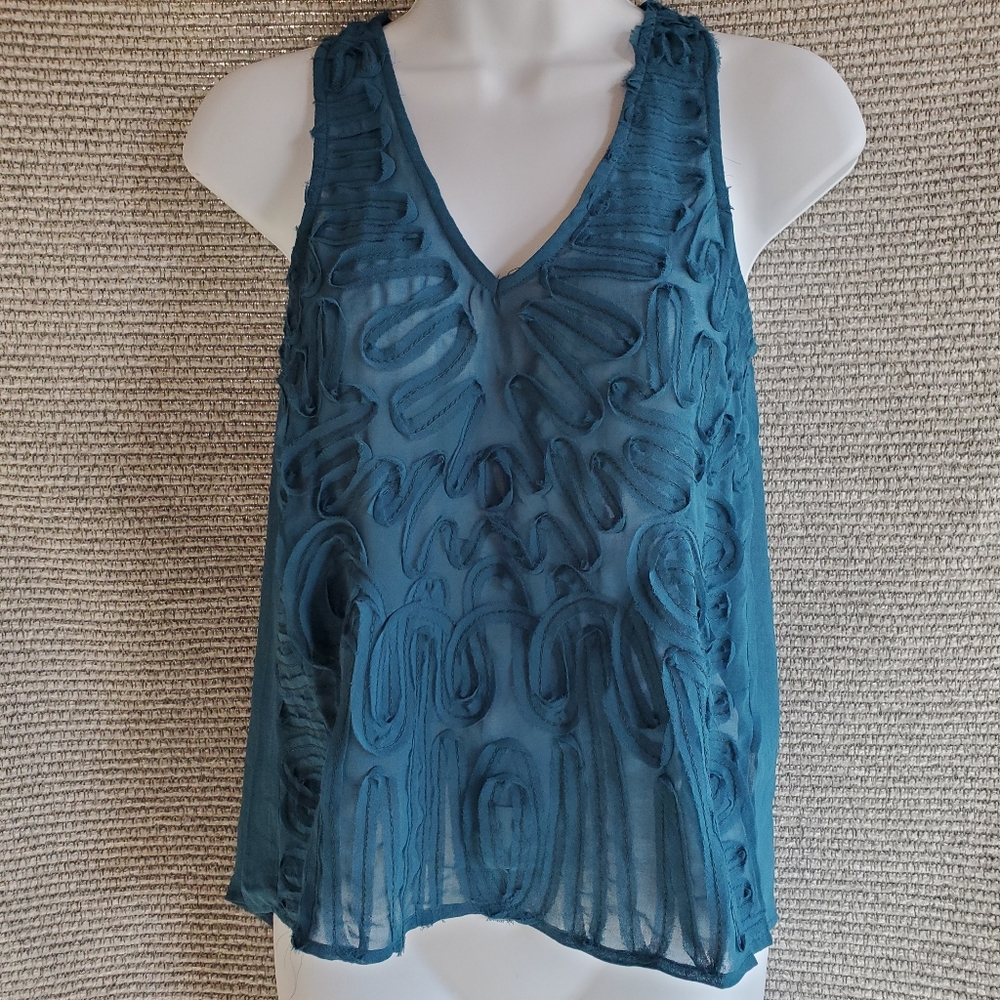 Chandi & Lia Teal Sheer Embroidered Sleeveless Top
